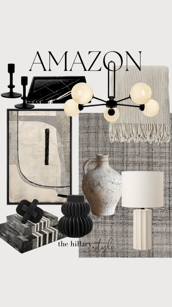 Home decor collage with black and white accents.