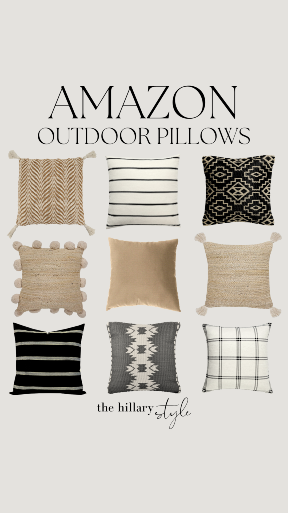 Eight outdoor pillows in various patterns.