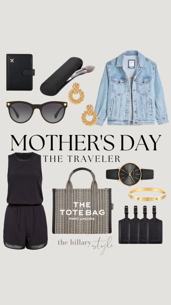 Mother's Day travel outfit with tote bag.