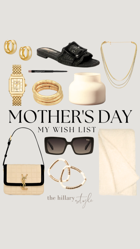 Mother's Day wish list with gold jewelry and a bag.