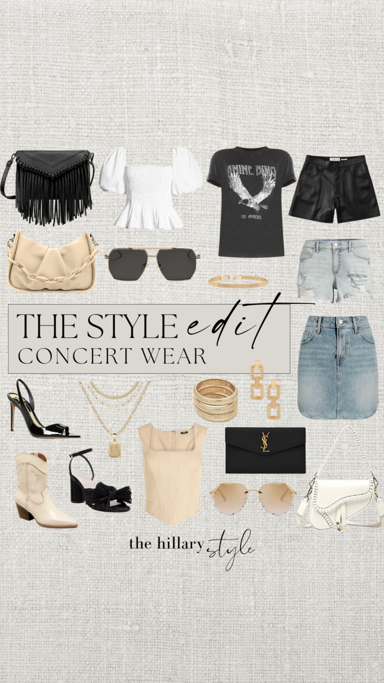 Concert outfit inspiration collage with accessories.