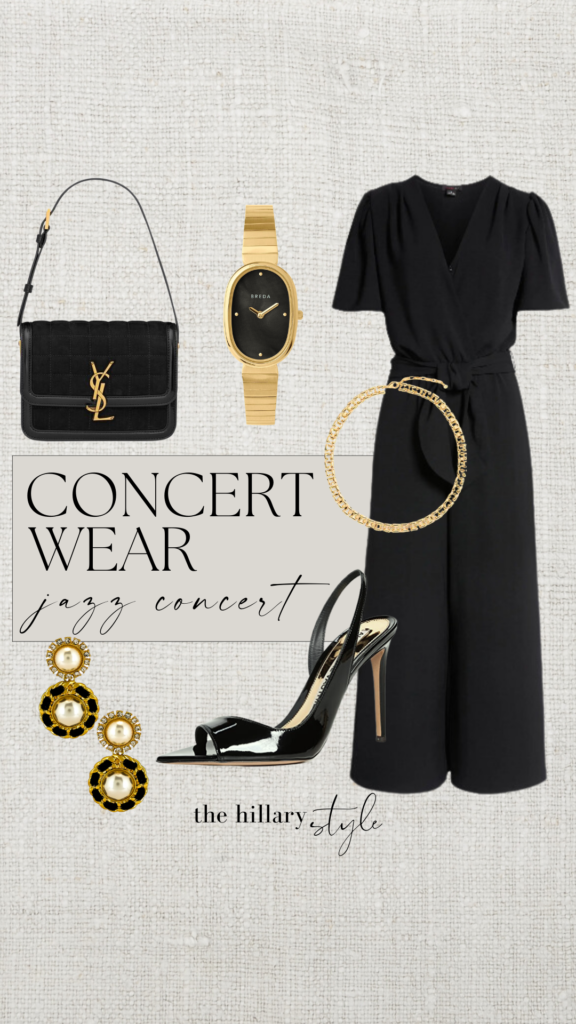 Black jumpsuit, gold jewelry, and black heels.