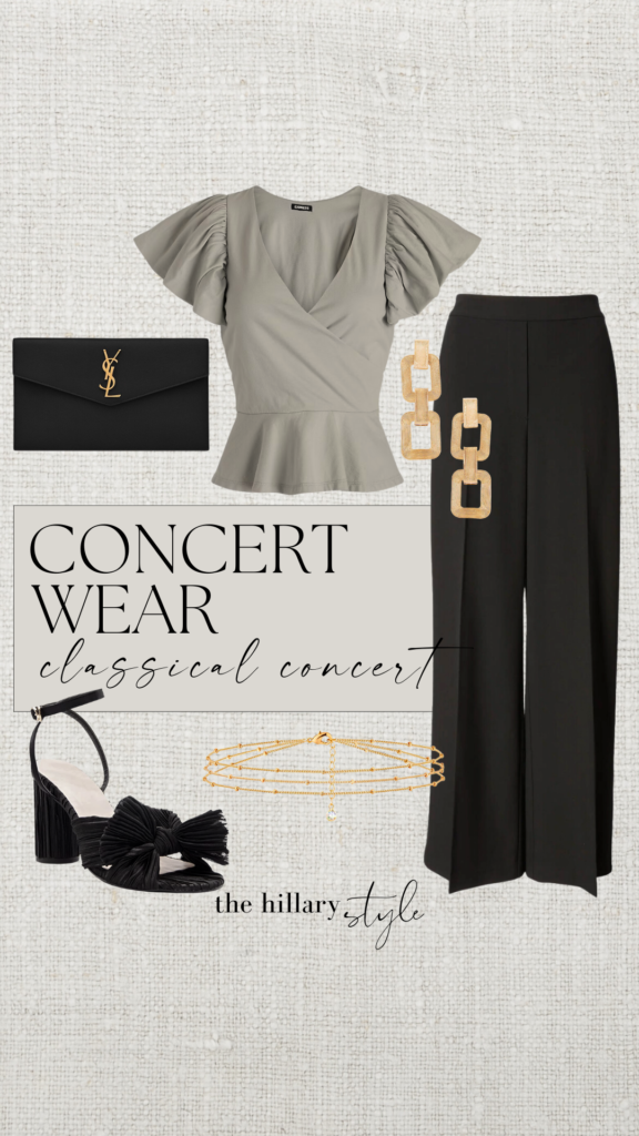 Concert outfit with black pants and green top.