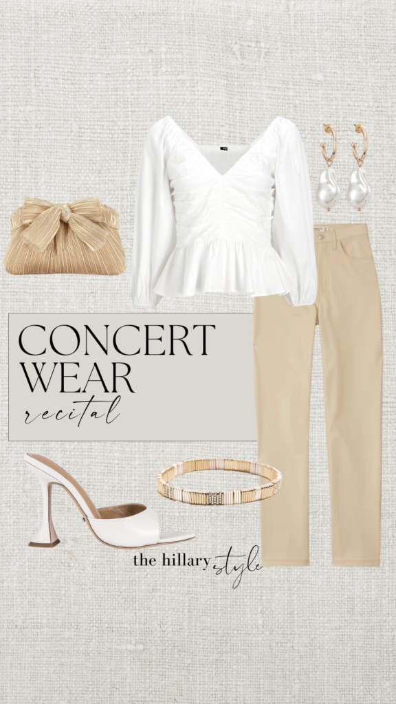 Concert outfit with white top and pants.