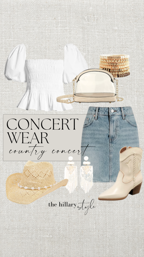 Country concert outfit with hat and boots.