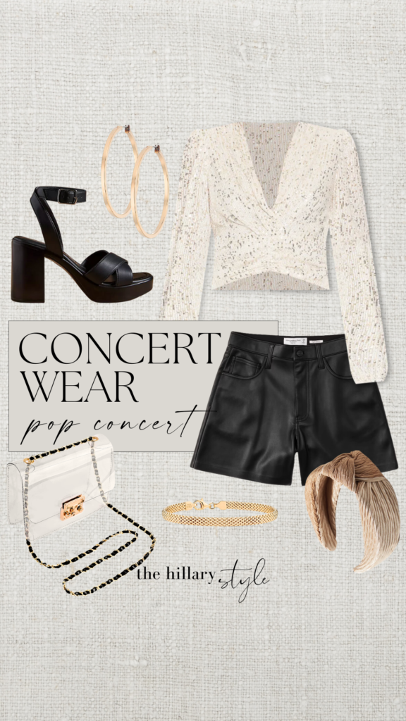 Concert outfit with black shorts and heels.