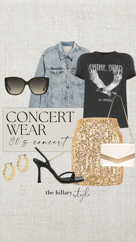 80s concert outfit with denim jacket and sequins.