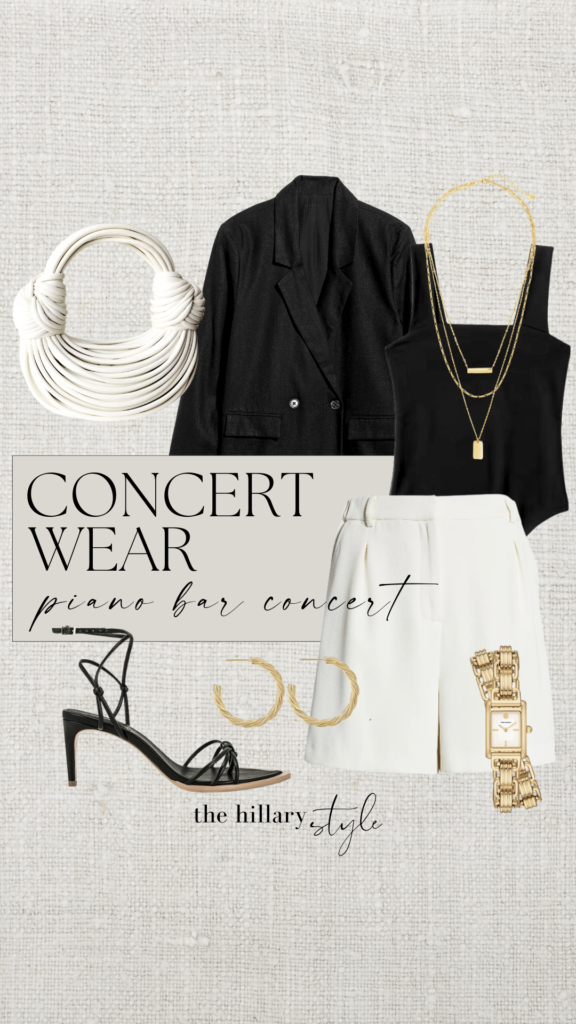 Concert outfit with black blazer and white pants.