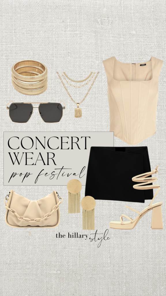 Concert outfit with gold jewelry and black skirt.