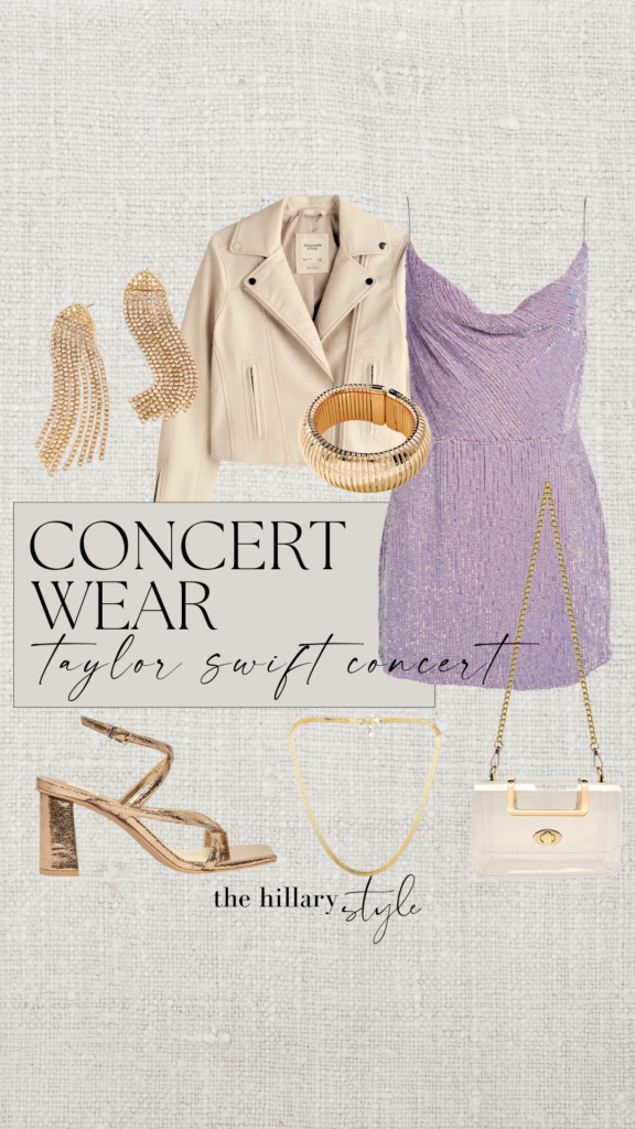 Concert outfit with gold jewelry and heels.