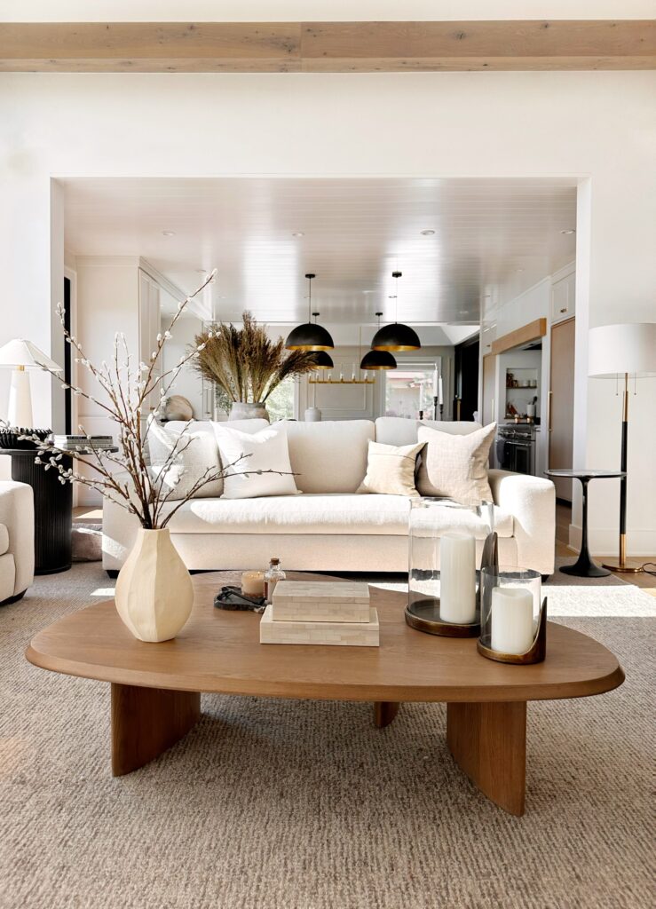 Wooden coffee table in a living room.