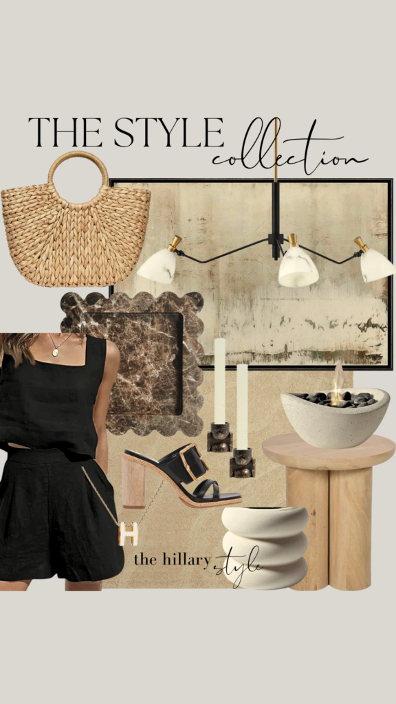 Woman in black outfit with wicker bag and decor.