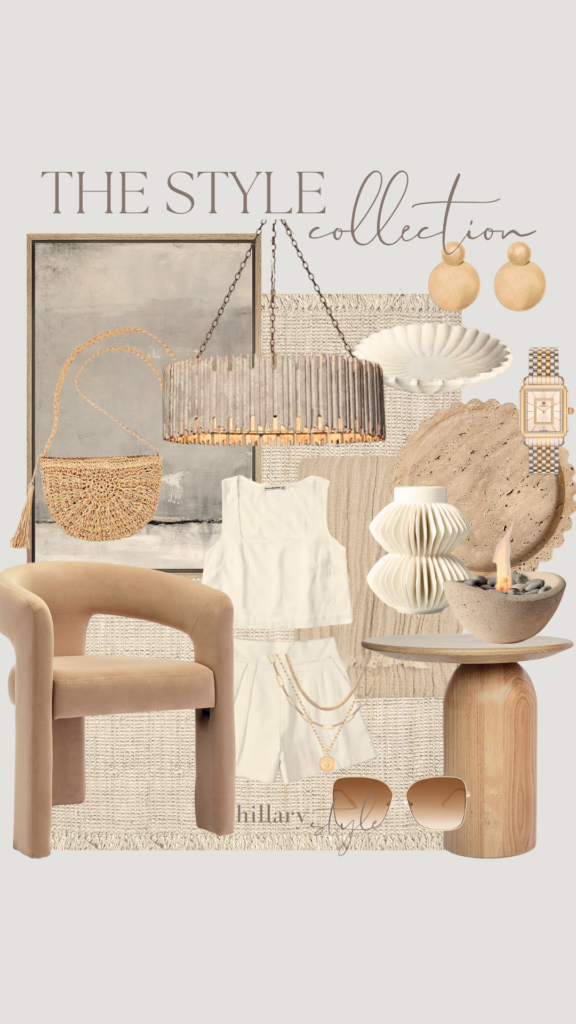 Beige and white home decor and fashion items.