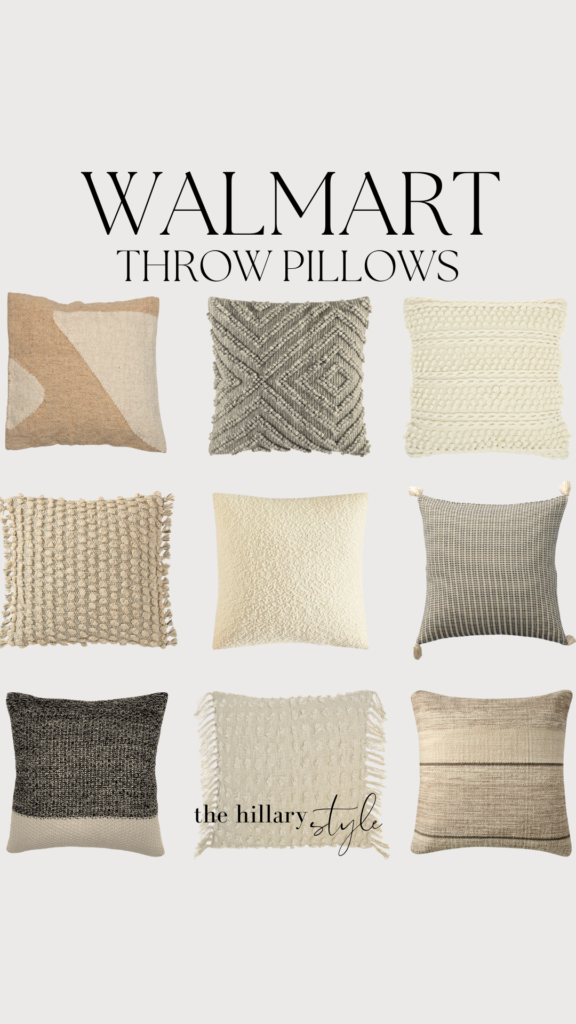 Nine neutral-toned throw pillows from Walmart.