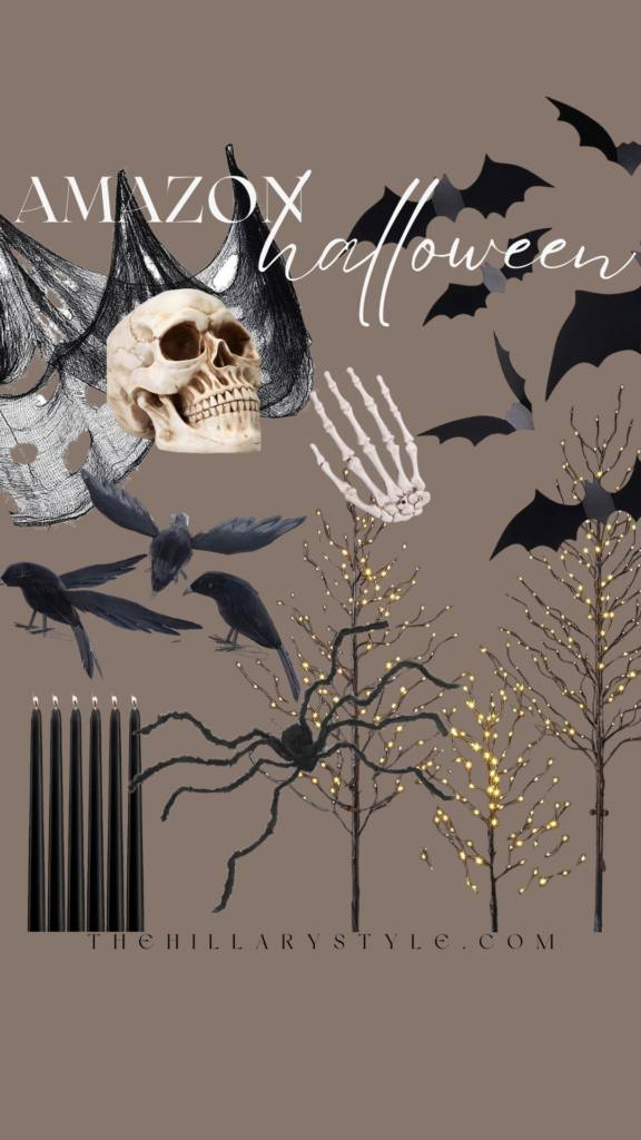 Halloween decor with skull, bats, and crows.