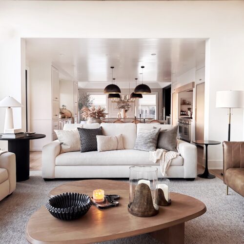 White sofa and coffee table in living room.