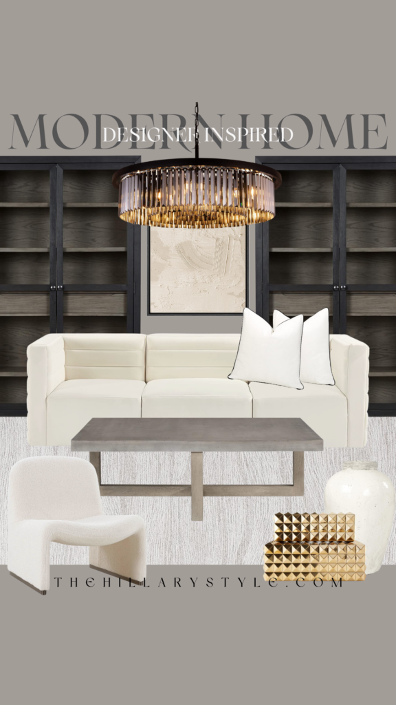 Modern living room with white couch and chandelier.