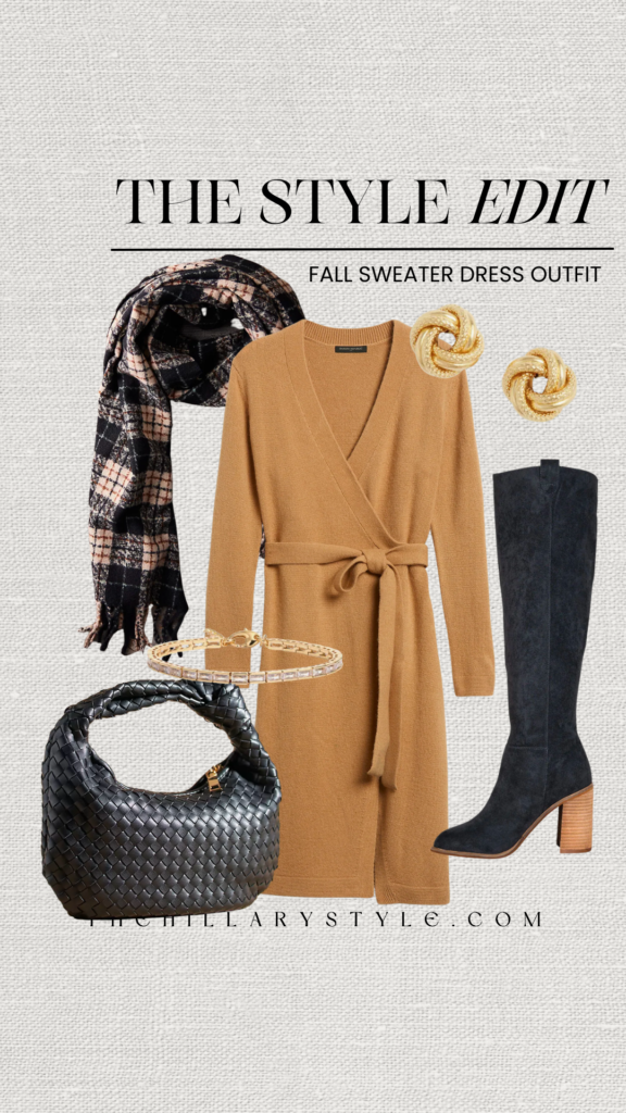 Fall sweater dress outfit with boots and bag.