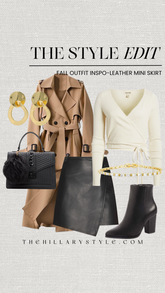 Fall outfit with leather mini skirt, boots, and jewelry.