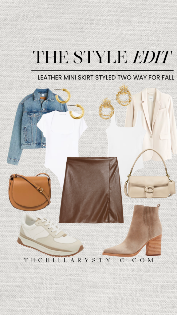 Two ways to style a leather mini skirt.