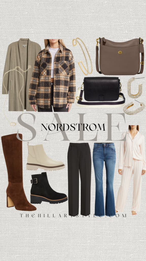 Nordstrom sale collage with clothes and accessories.