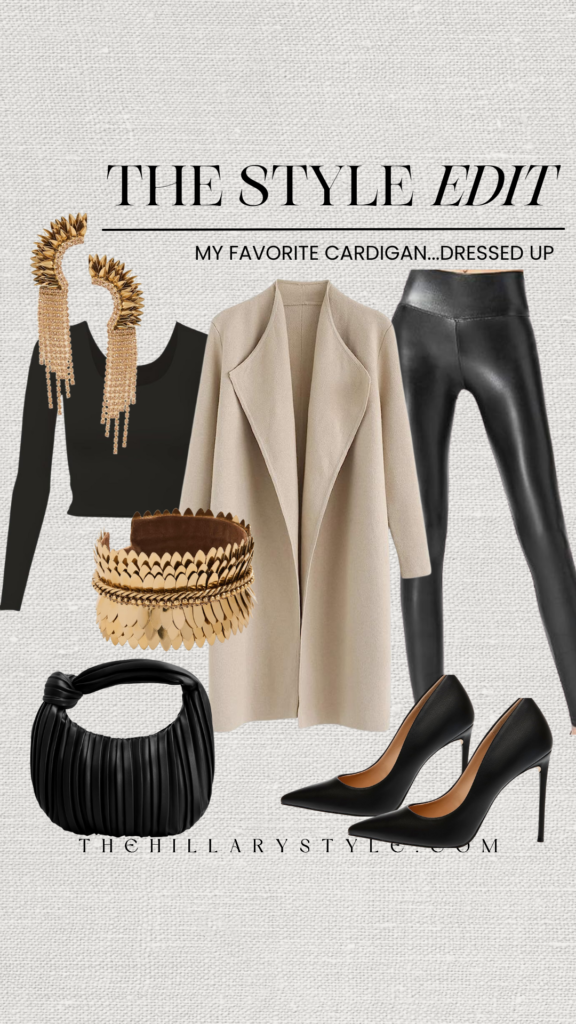 Beige cardigan, black pants, and heels outfit.