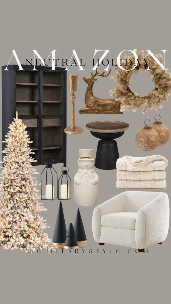 Neutral holiday decor with a white armchair.