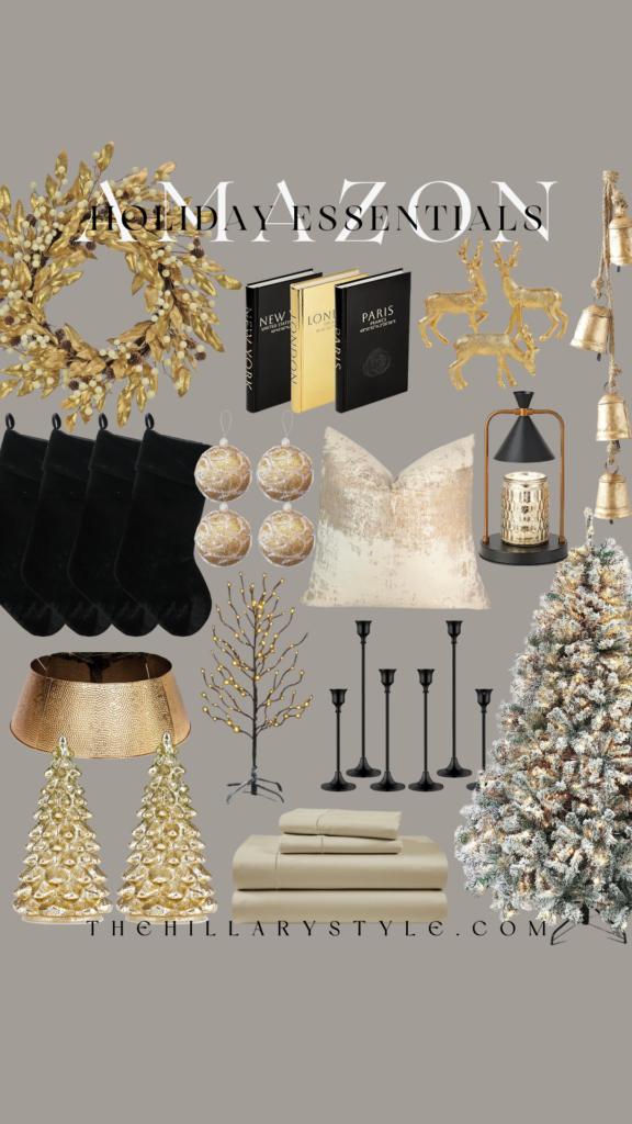 Gold and black Christmas decorations on gray background.