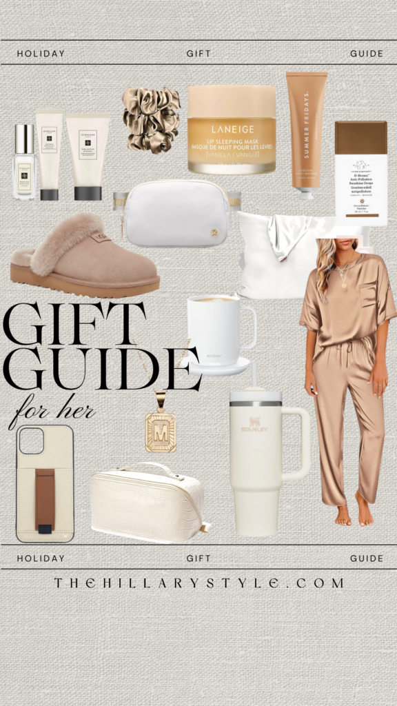 Gift guide for her with beauty, fashion, and home items.