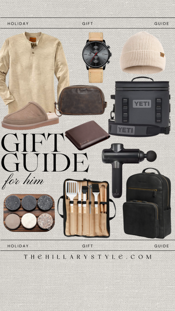 Gift guide for men with various items.