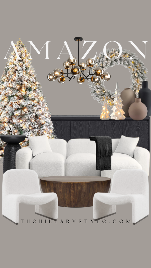 A white living room with Christmas decor.