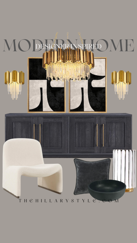 Modern living room with black cabinet and gold accents.