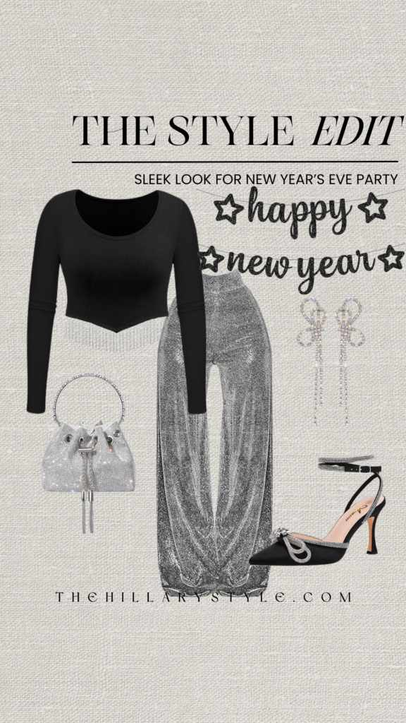 New Year's Eve outfit with black top and silver pants.