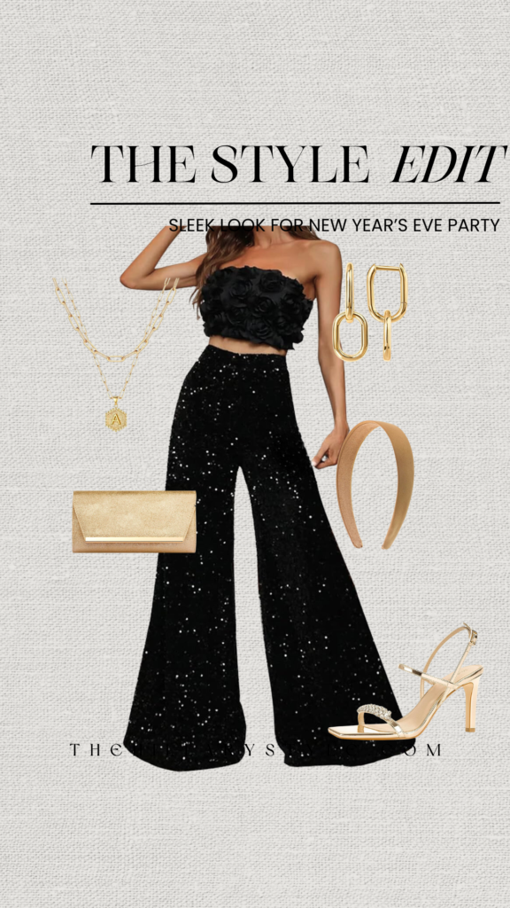 New Year's Eve party outfit with gold accents.