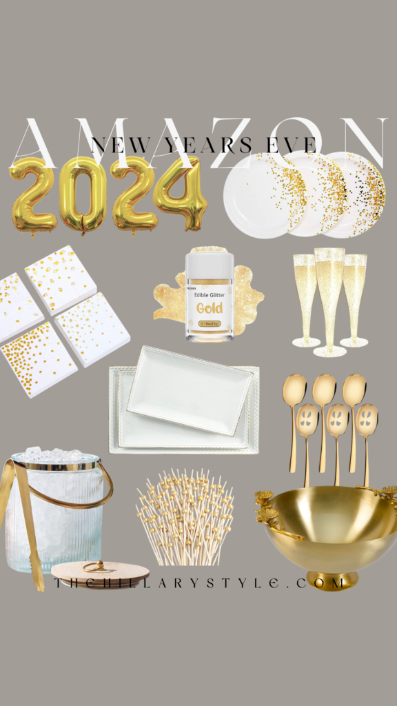 New Year's Eve party supplies in gold.