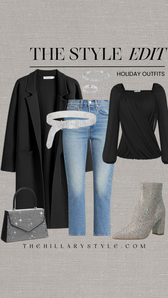 Holiday outfit with black top and jeans.