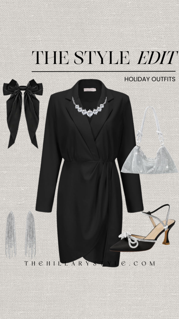 Black wrap dress with silver accessories.