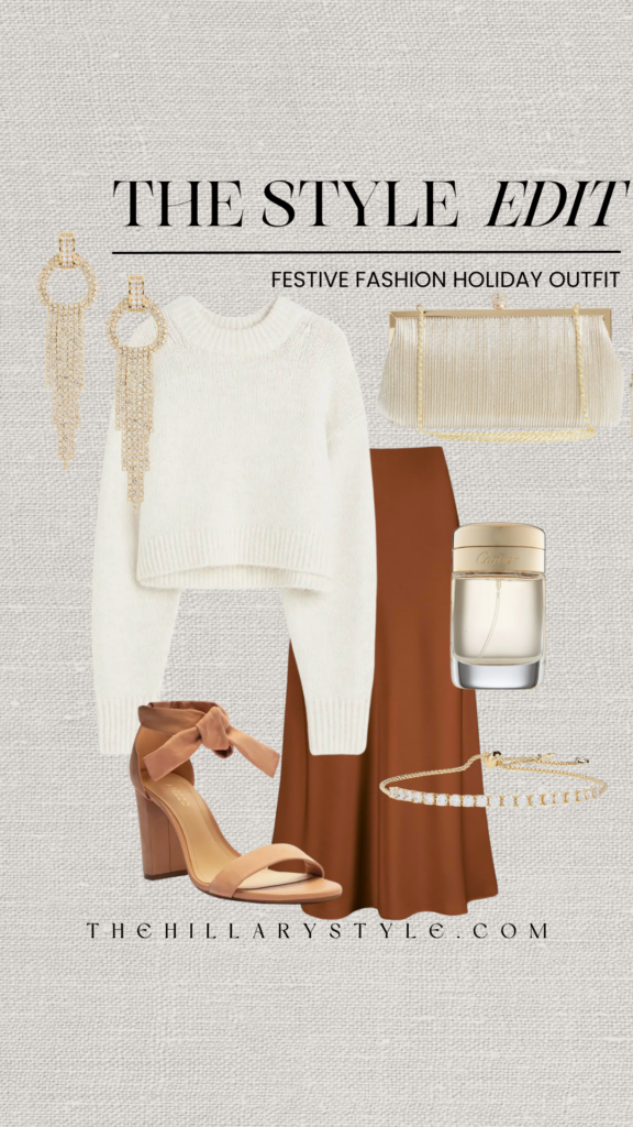 Festive holiday outfit with white sweater and brown skirt.