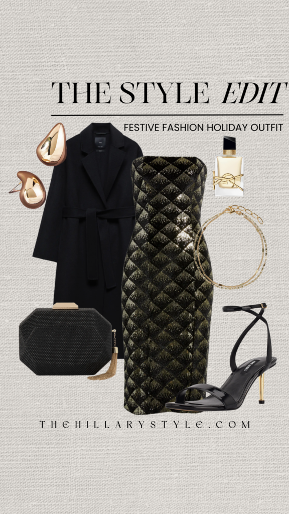 Black coat, sequined dress, holiday outfit.