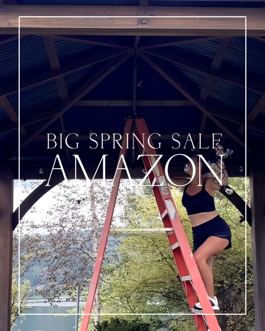 Woman on ladder installing lights for Amazon sale.