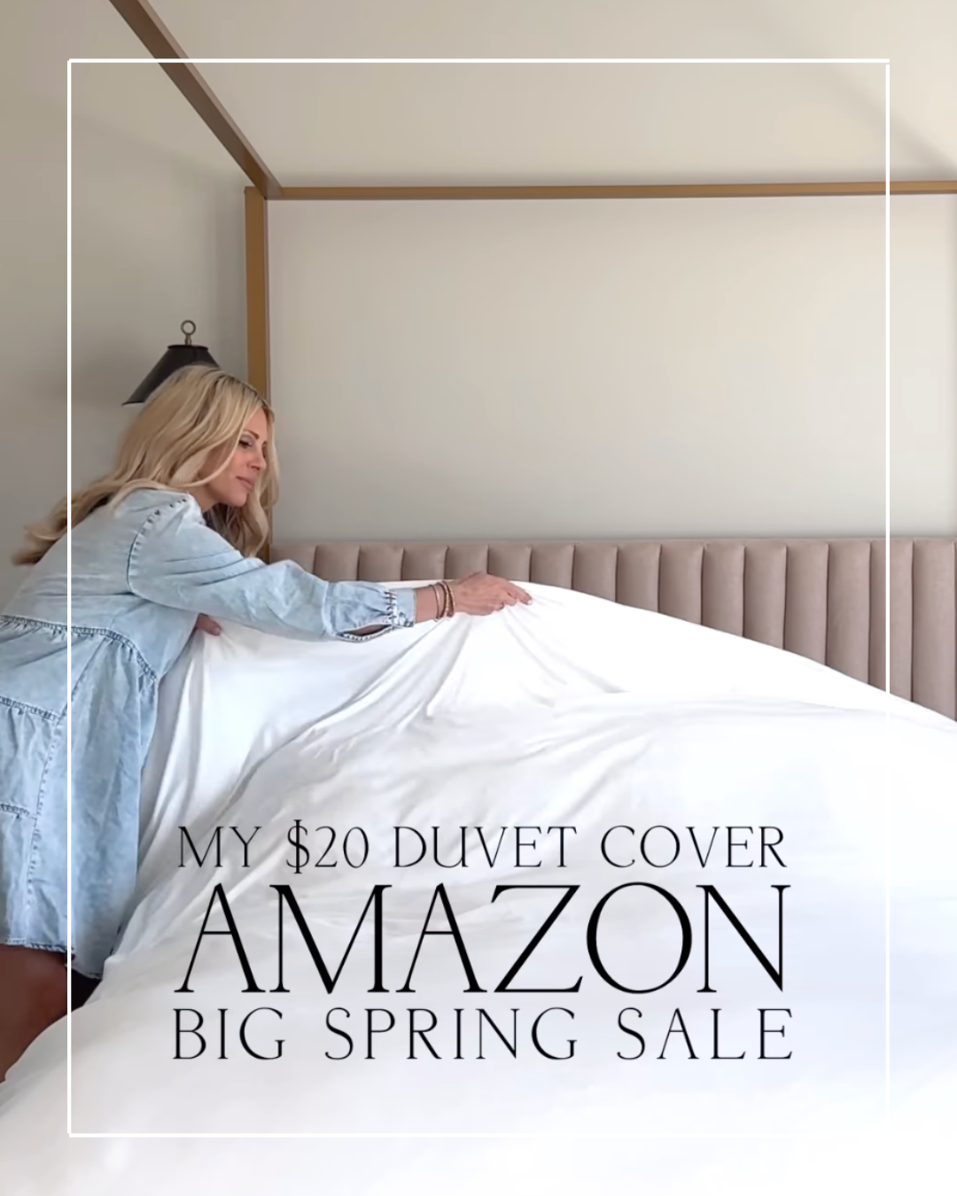 Woman putting on white duvet cover.