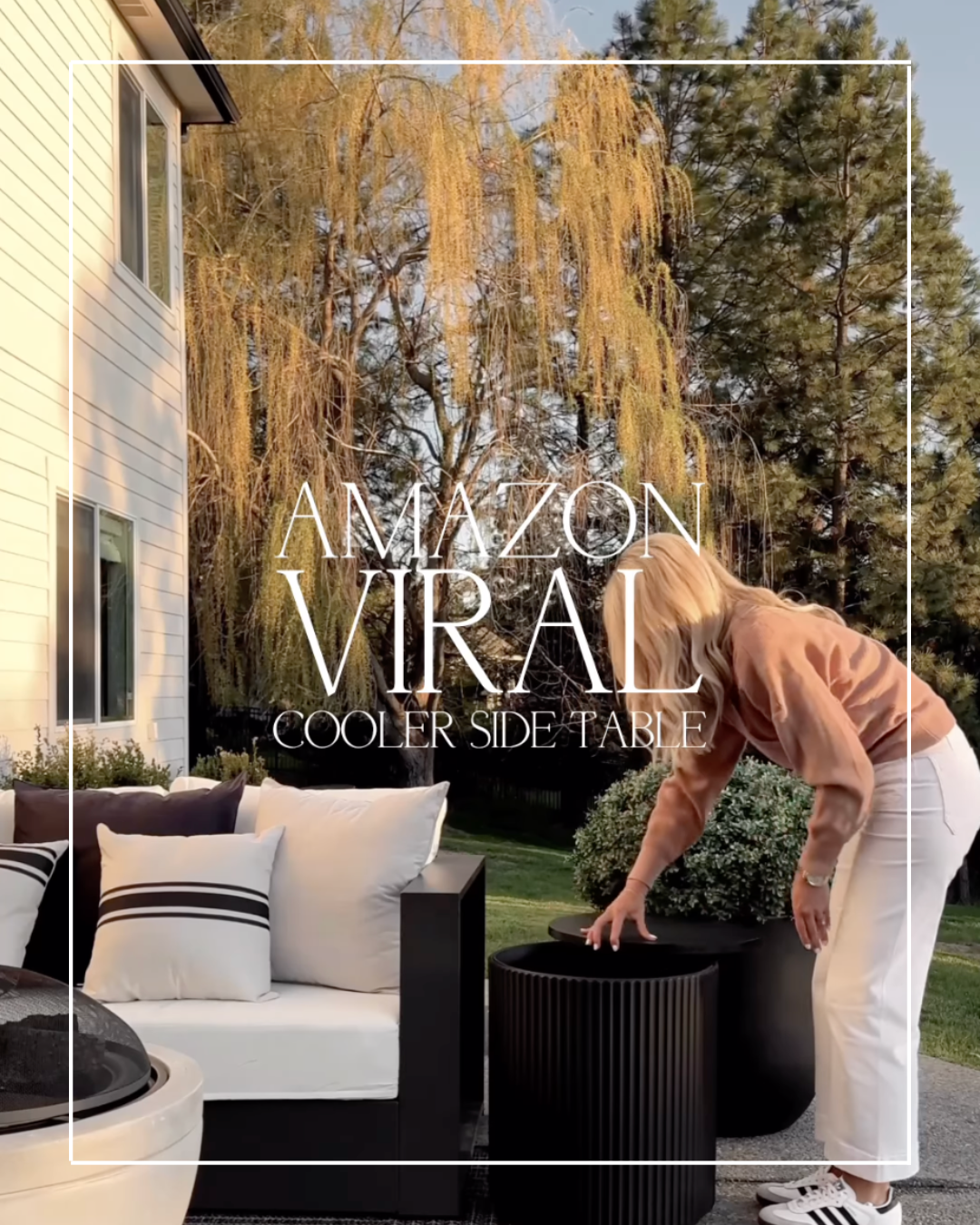 Woman opens a black cooler side table.