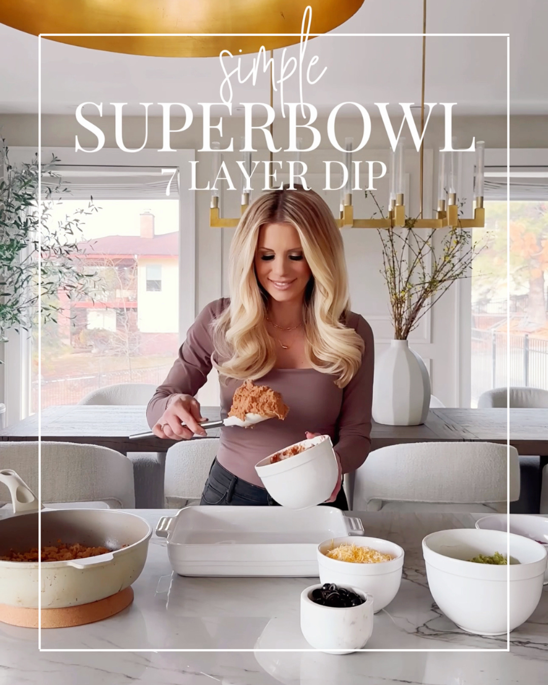 Woman making a 7-layer dip for the Super Bowl.