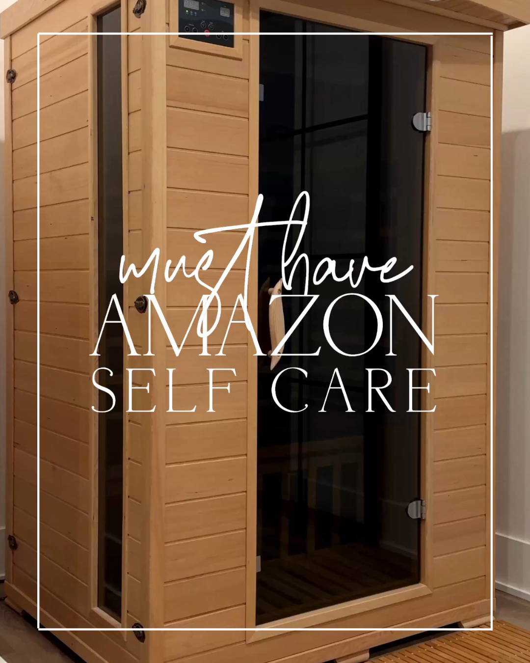 Wooden sauna with glass door and bench.