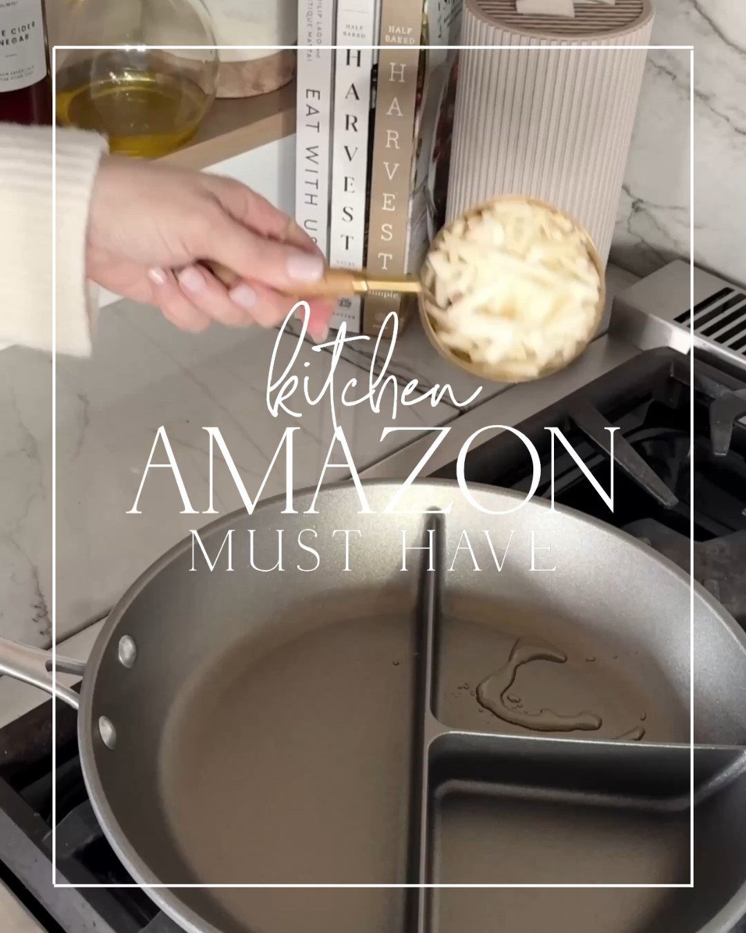 Hand adding potato slices to a divided pan.