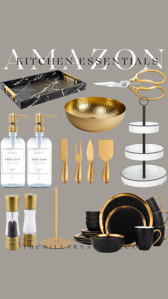 Gold kitchen essentials on gray background.