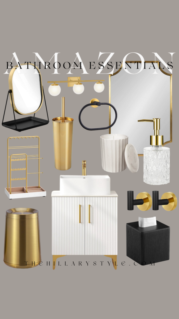 Gold and black bathroom decor essentials.