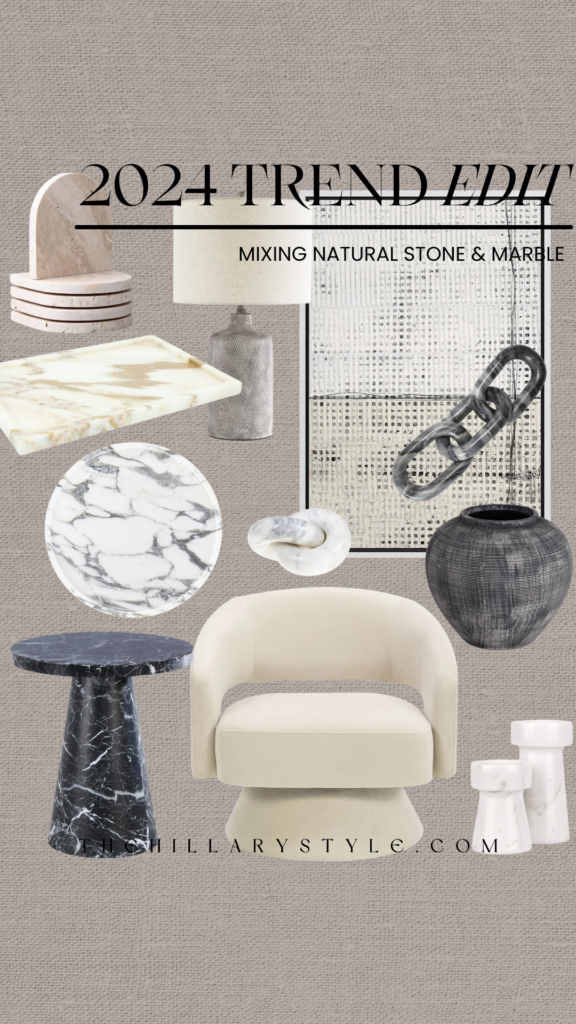 Home decor trend edit with natural stone and marble.