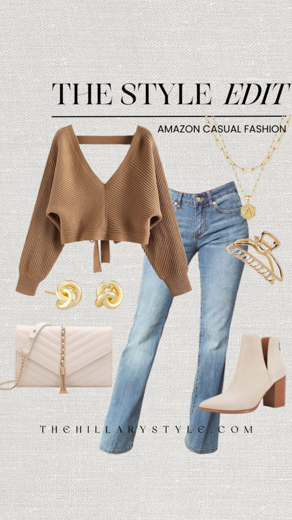 Casual outfit featuring brown sweater and jeans.