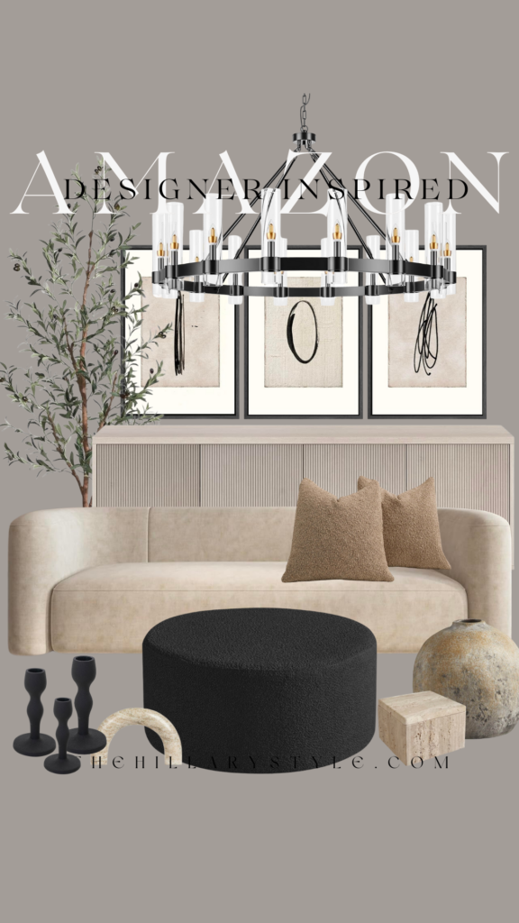 Beige sofa with black chandelier and ottoman.